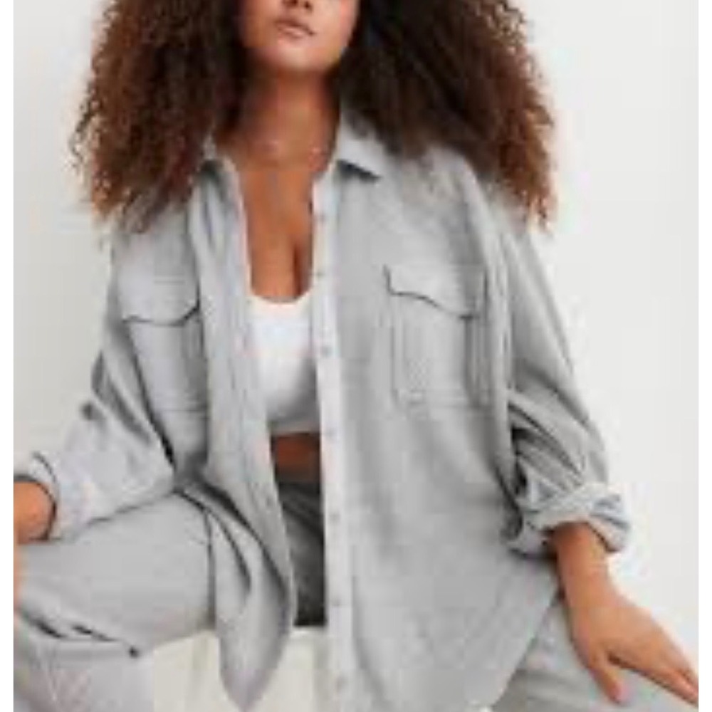 Aerie Lumber Jane Waffle Knit Thermal Oversized Shirt Grey Small
